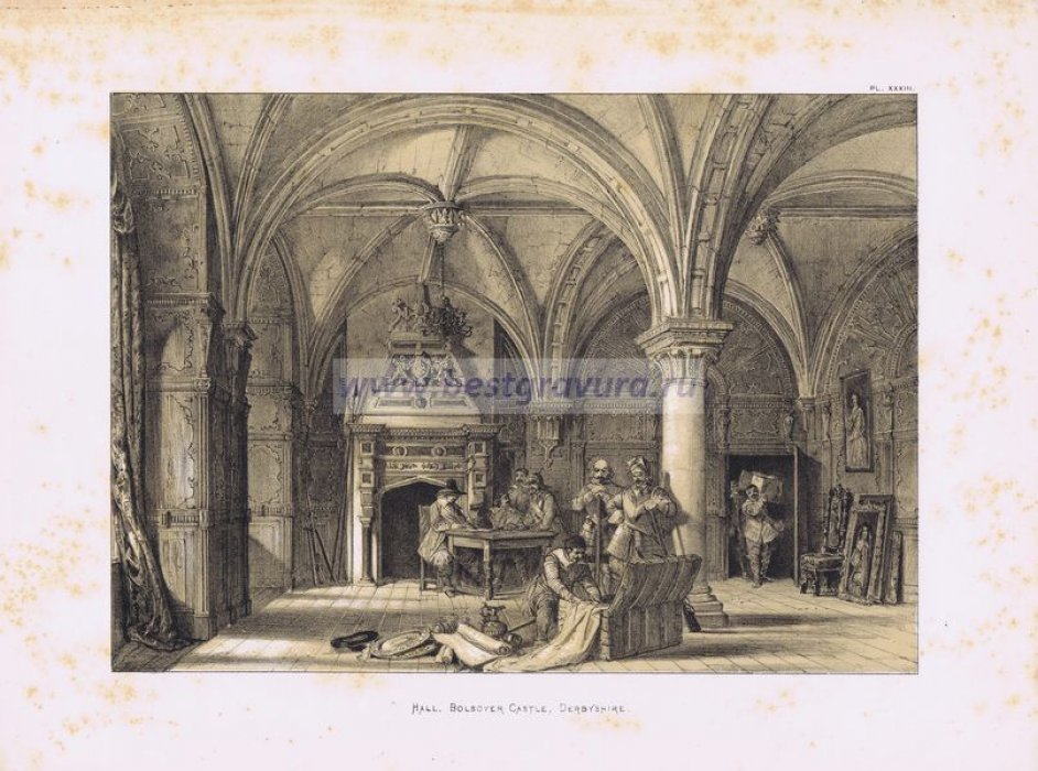 Нэш, Джозеф (Nash, Joseph): Стэнсби, Самуэль (Stanesby, Samuel). Литография `Англия. Зал замка Болсовер. Дербишир`.
