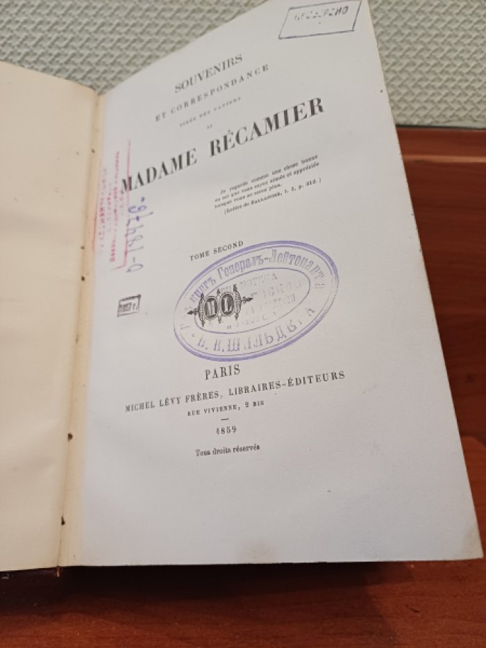 Recamier J. F. Souvenirs et correspondance tires des papiers de madame Recamier.