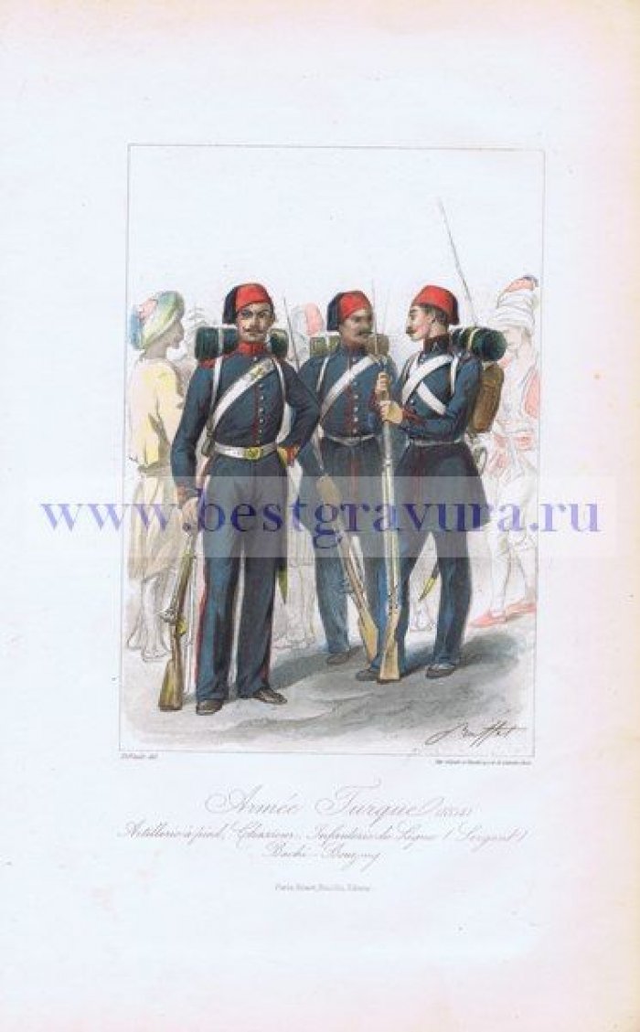 Раффе, Огюст. Гравюра раскрашенная `Турецкая армия в 1854 году`.