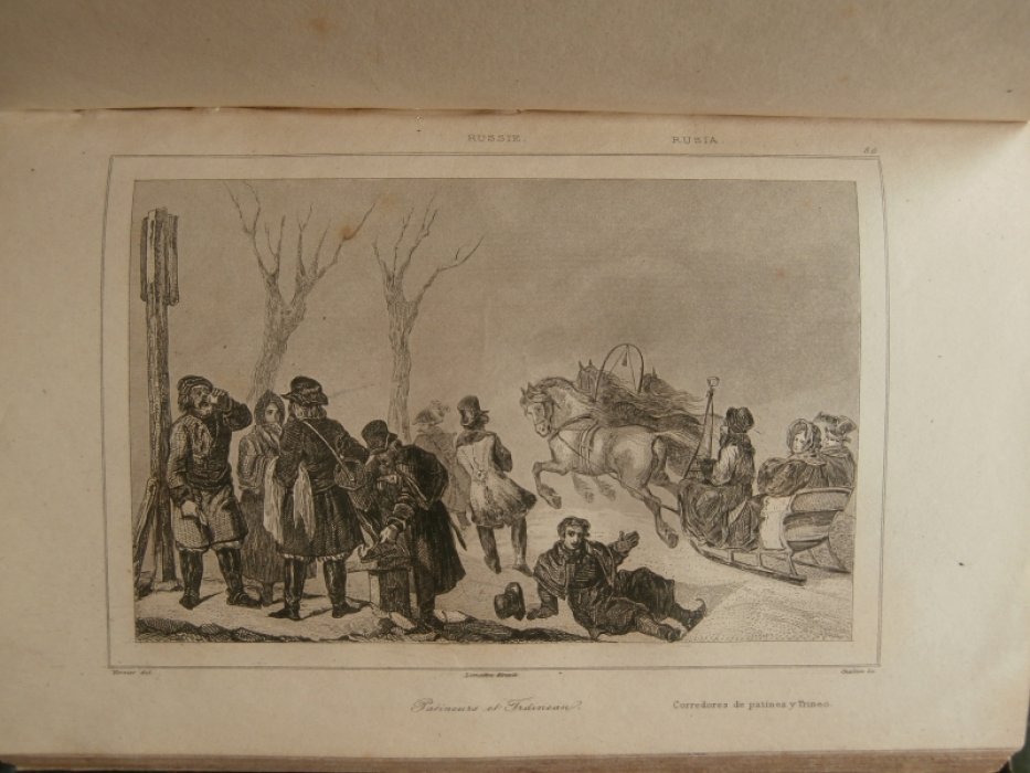 Вернье XIX Франция - рисовальщик, Шайо XIX Франция - Гравер, Lemaitre(Августин Франсуа Леметр 1797-1 Гравюра на стали °Русские коньки и сани°.