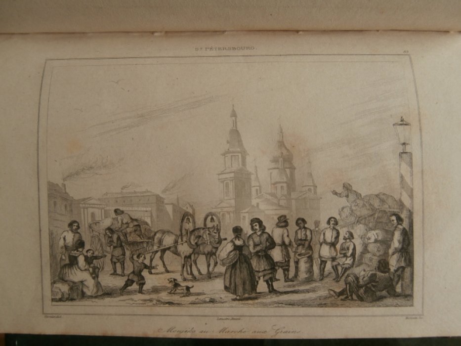 Вернье XIX Франция - рисовальщик,Моннен, Марк-Антуан Клод (1806 - ?) Франция - Гравер,  Lemaitre(Авг Гравюра на стали °Мужики продают зерно на рынке в Санкт-Пербурге°.
