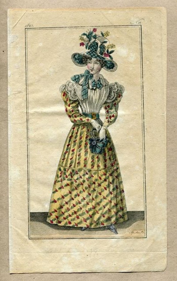 Флоров А. Дамский парижский костюм. Цветная гравюра. 1827 г.