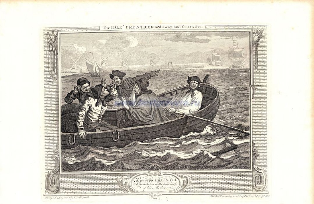 Хогарт,  Уильям (Hogarth, William). Гравюра `Ленивый подмастерье отвернулся и отправился в море`.