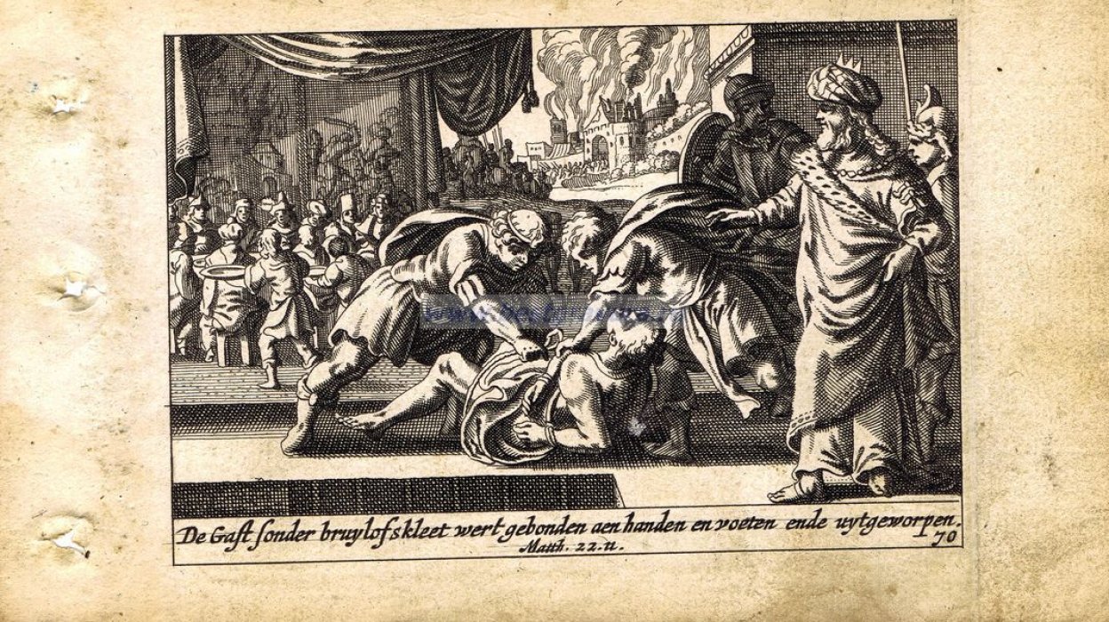 Схют, Питер (Schut, Pieter Hendricksz.). Гравюра `Библейская история. Новый Завет. Человек не в брачной одежде перед царем`